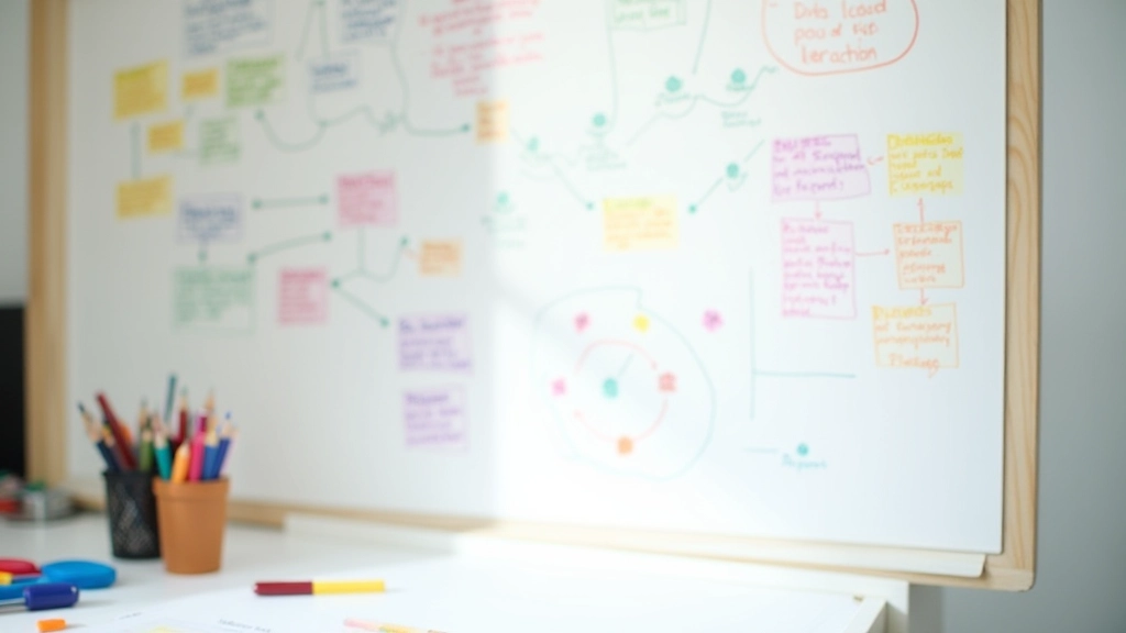 Tableau blanc avec des diagrammes dessinés à la main, des couleurs différentes, crayons et marqueurs éparpillés, espace créatif, vue rapprochée