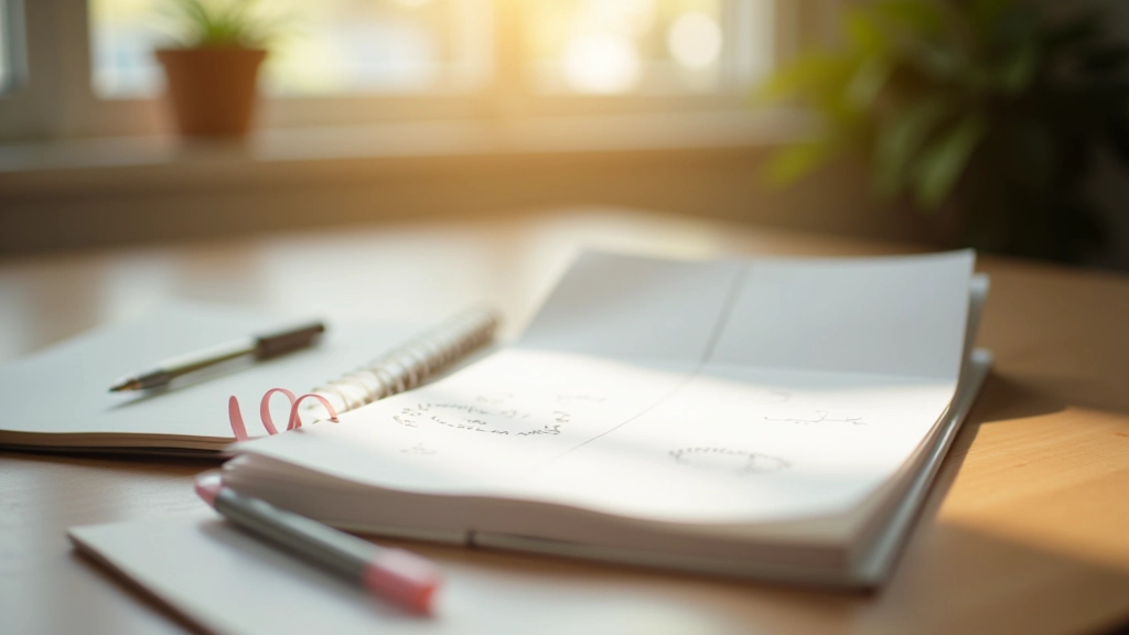 Cahier ouvert sur un bureau avec stylo, pages annotées à la main, lumière naturelle douce, vue de près