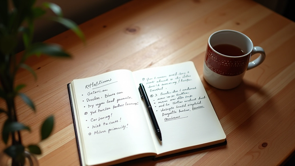 Cahier ouvert avec des notes manuscrites, stylo et tasse de thé sur une table en bois