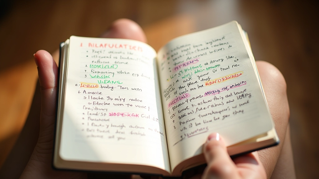 Carnet avec des notes manuscrites, des surlignages en couleur, annotations réfléchies, atmosphère de travail personnel et introspection