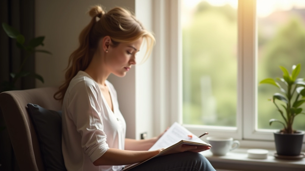 Personne assise près d'une fenêtre avec un journal ouvert et un café, lumière naturelle du matin