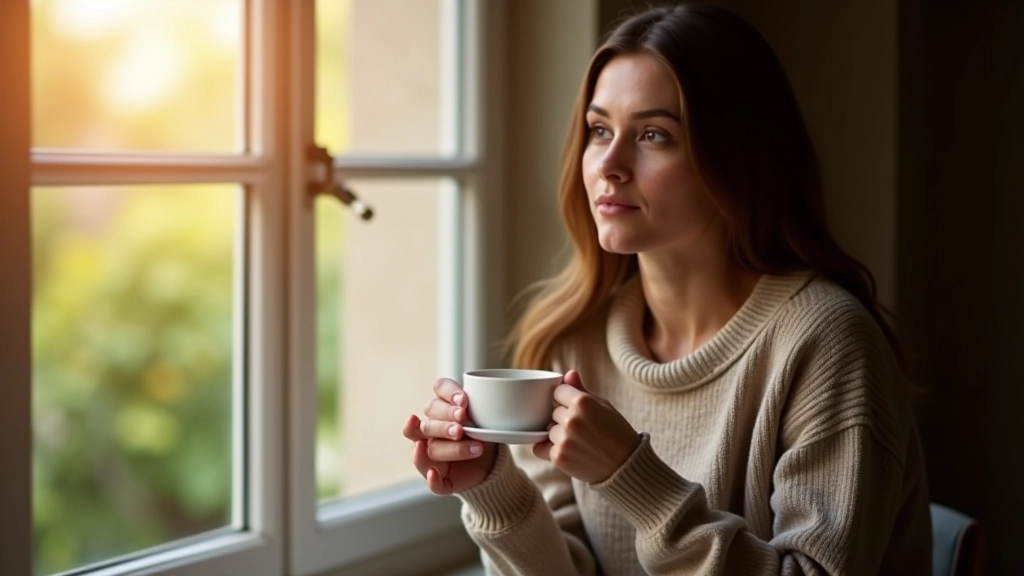 Personne assise près d'une fenêtre avec une tasse de thé, regard vers l'extérieur, expression contemplative, lumière naturelle douce