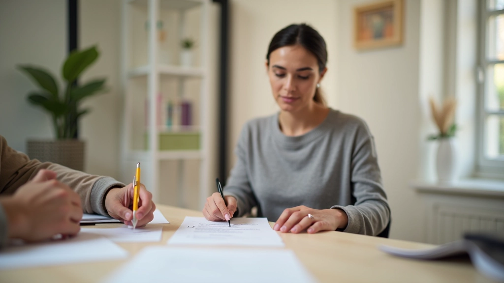 Personne tenant un stylo, pointant vers une liste écrite, geste de décision consciente, environnement calme et organisé