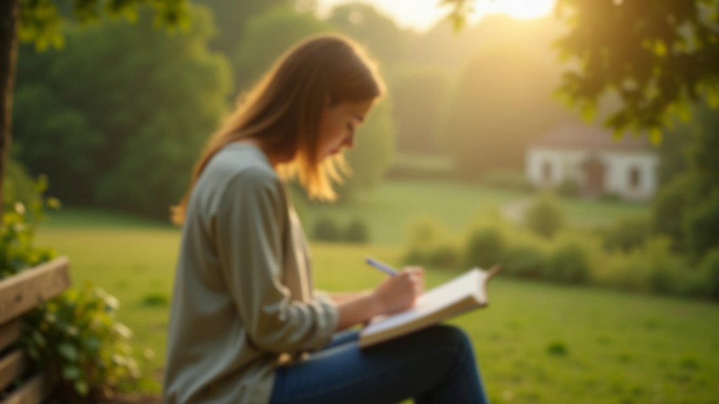 Personne tenant un journal réfléchi, assise sur un banc en nature avec paysage calme en arrière-plan