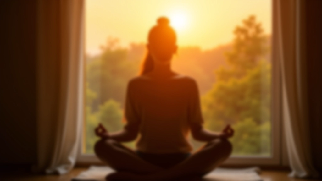 Personne en position méditative devant une fenêtre avec vue sur la nature, lumière douce du coucher de soleil