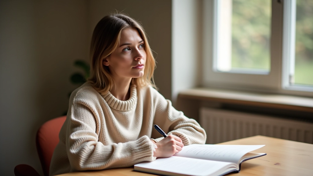 Personne assise à une table avec un journal ouvert, stylo en main, expression réfléchie, lumière douce du matin, focus net sur le visage