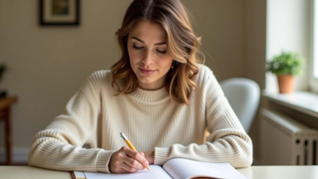 Femme assise à une table de travail avec un carnet, stylo à la main, expression concentrée, espace de travail lumineux et ordonné