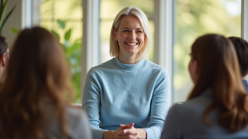 Isabelle Rousseau animant un atelier de clarification des valeurs dans un espace lumineux, participants engagés dans la réflexion